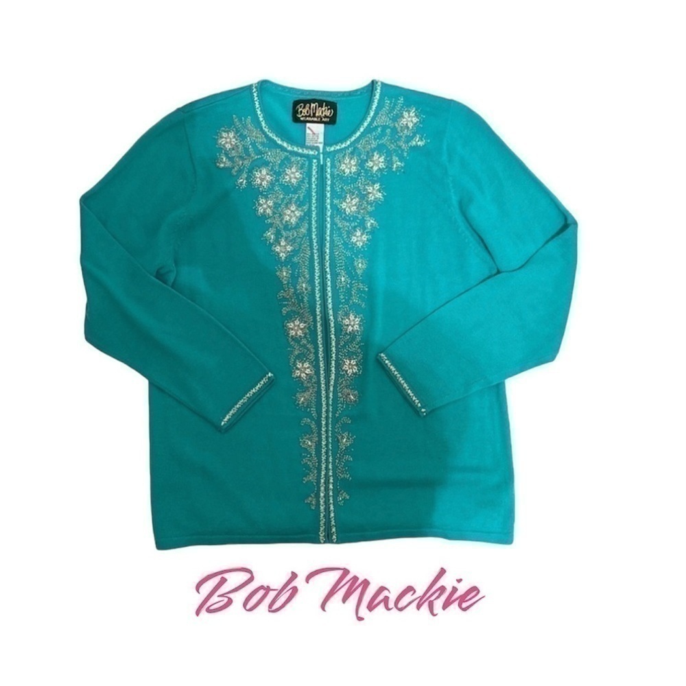 Bob Mackie Green Floral Beaded Open Front Cardigan Small